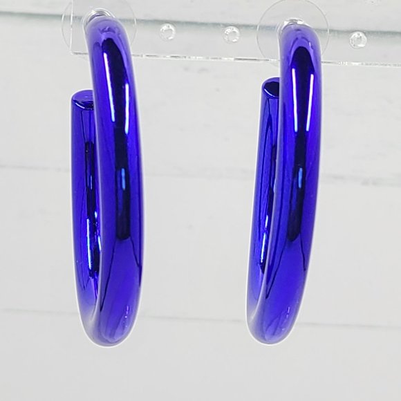 2" 80's Retro Royal Blue Metallic Coating Tube Metal Hoop Earrings - Picture 6 of 11